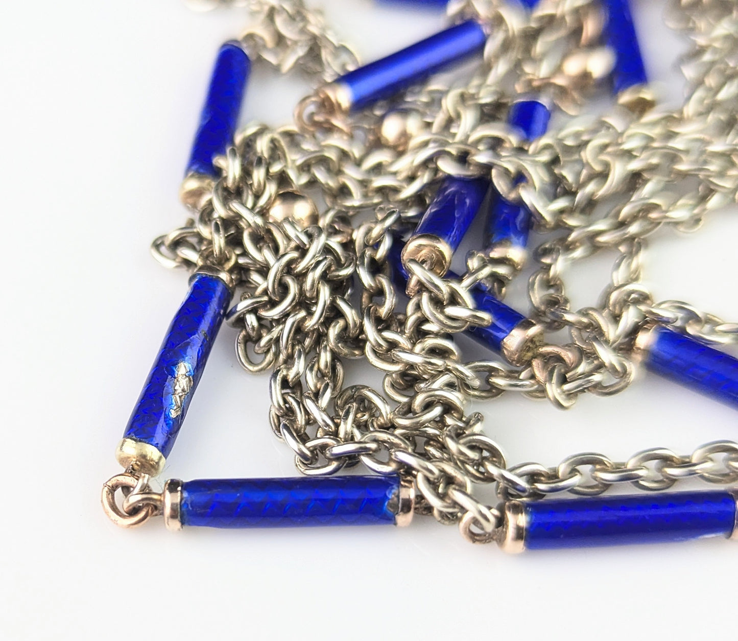 Antique silver long chain necklace, longuard chain, Blue enamel