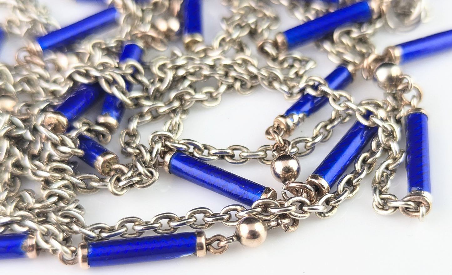 Antique silver long chain necklace, longuard chain, Blue enamel