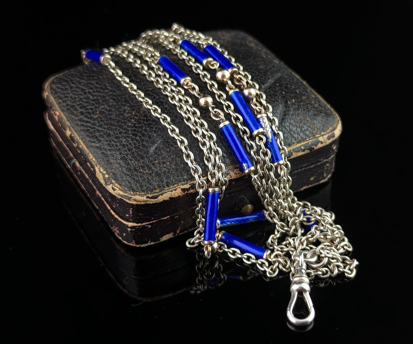 Antique silver long chain necklace, longuard chain, Blue enamel