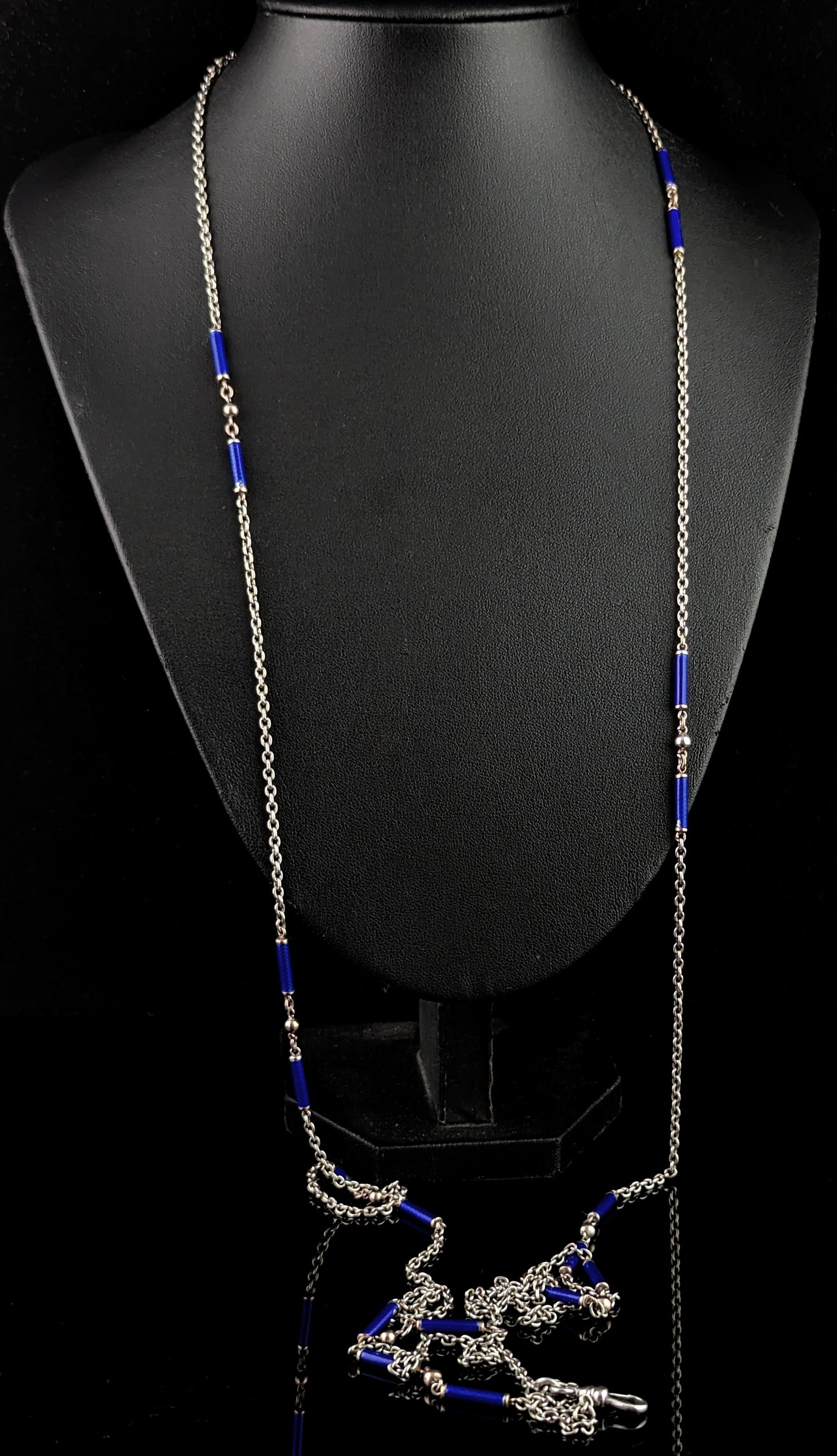 Antique silver long chain necklace, longuard chain, Blue enamel