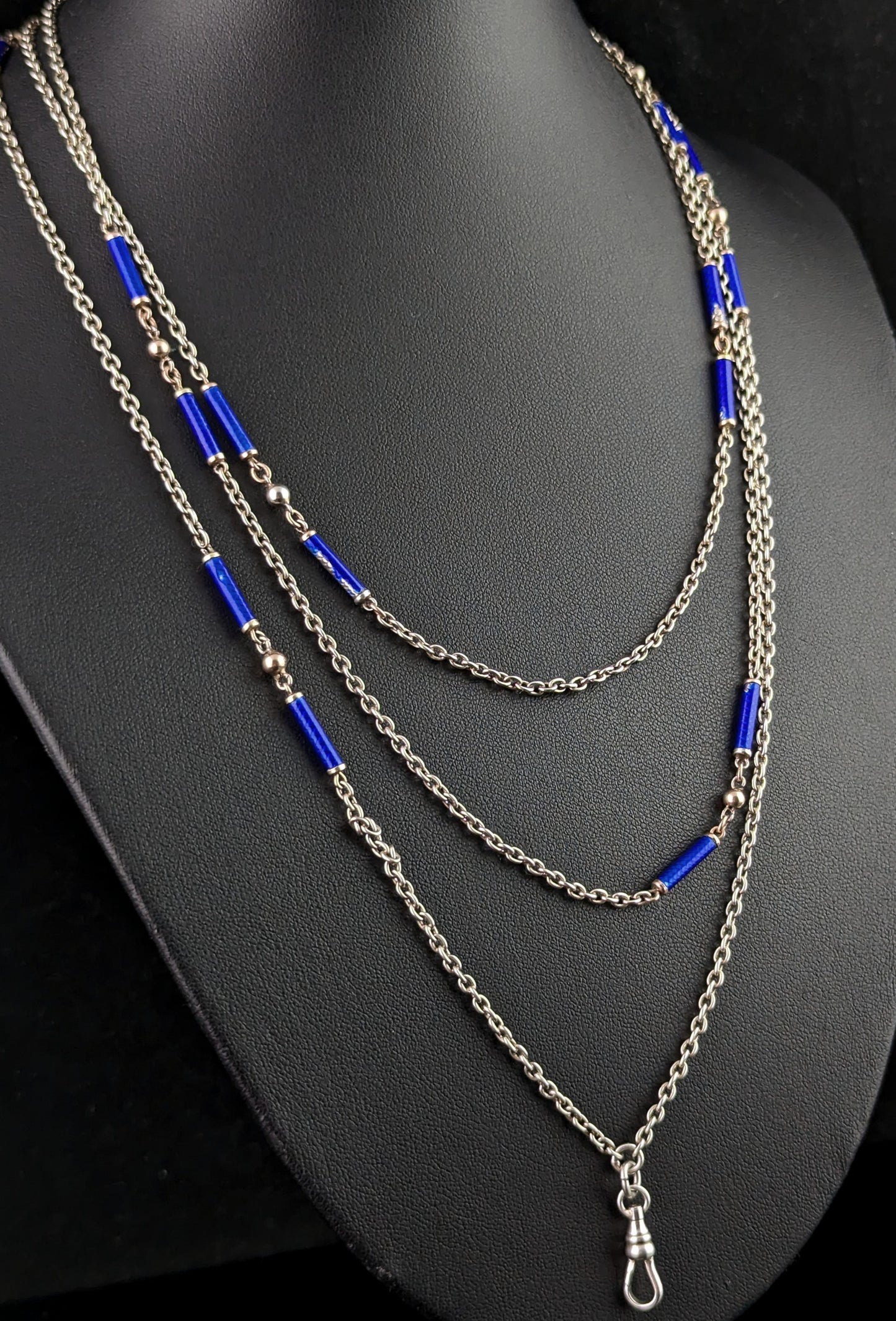 Antique silver long chain necklace, longuard chain, Blue enamel