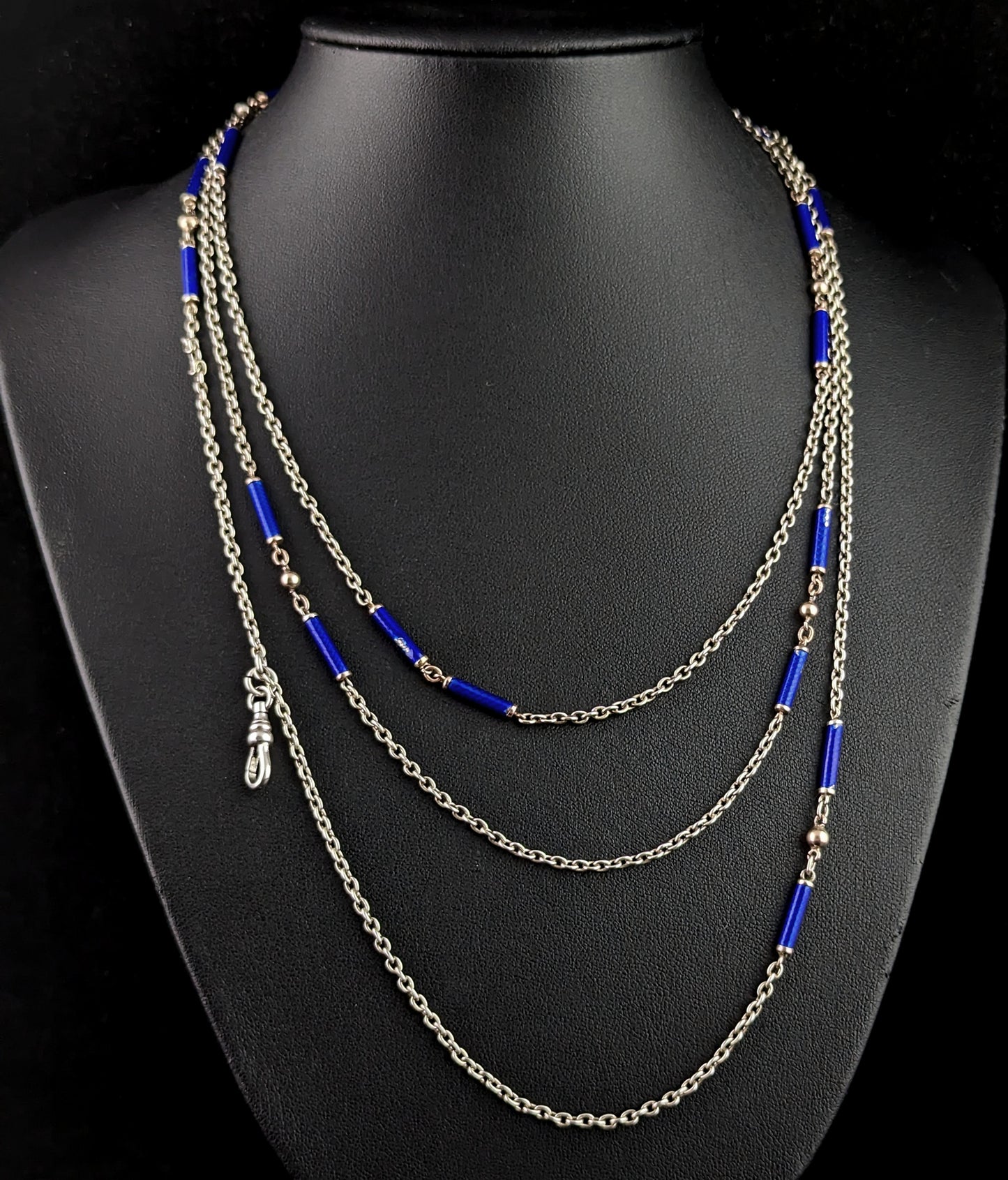 Antique silver long chain necklace, longuard chain, Blue enamel