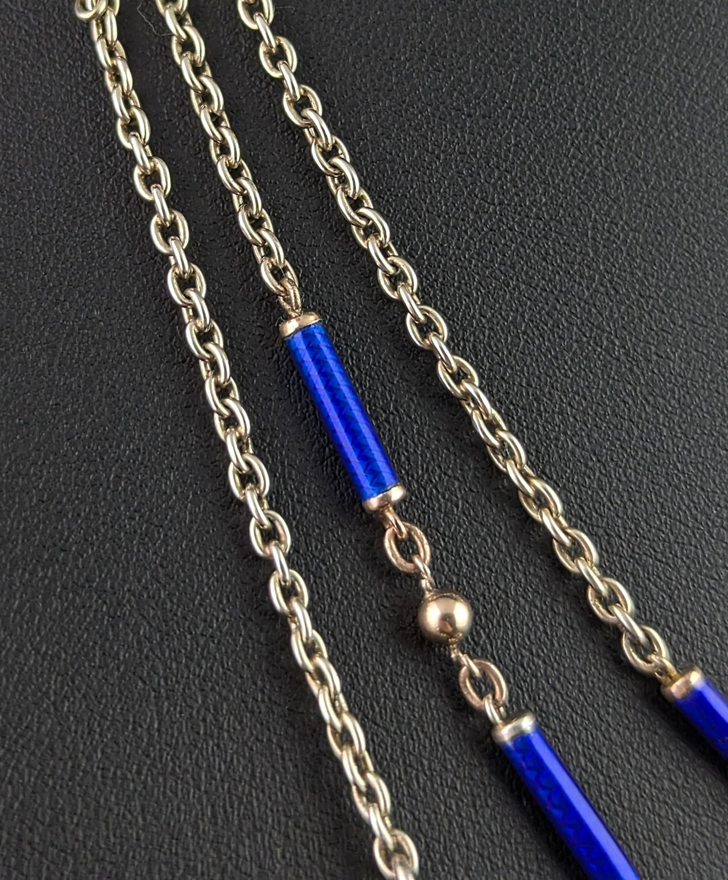 Antique silver long chain necklace, longuard chain, Blue enamel