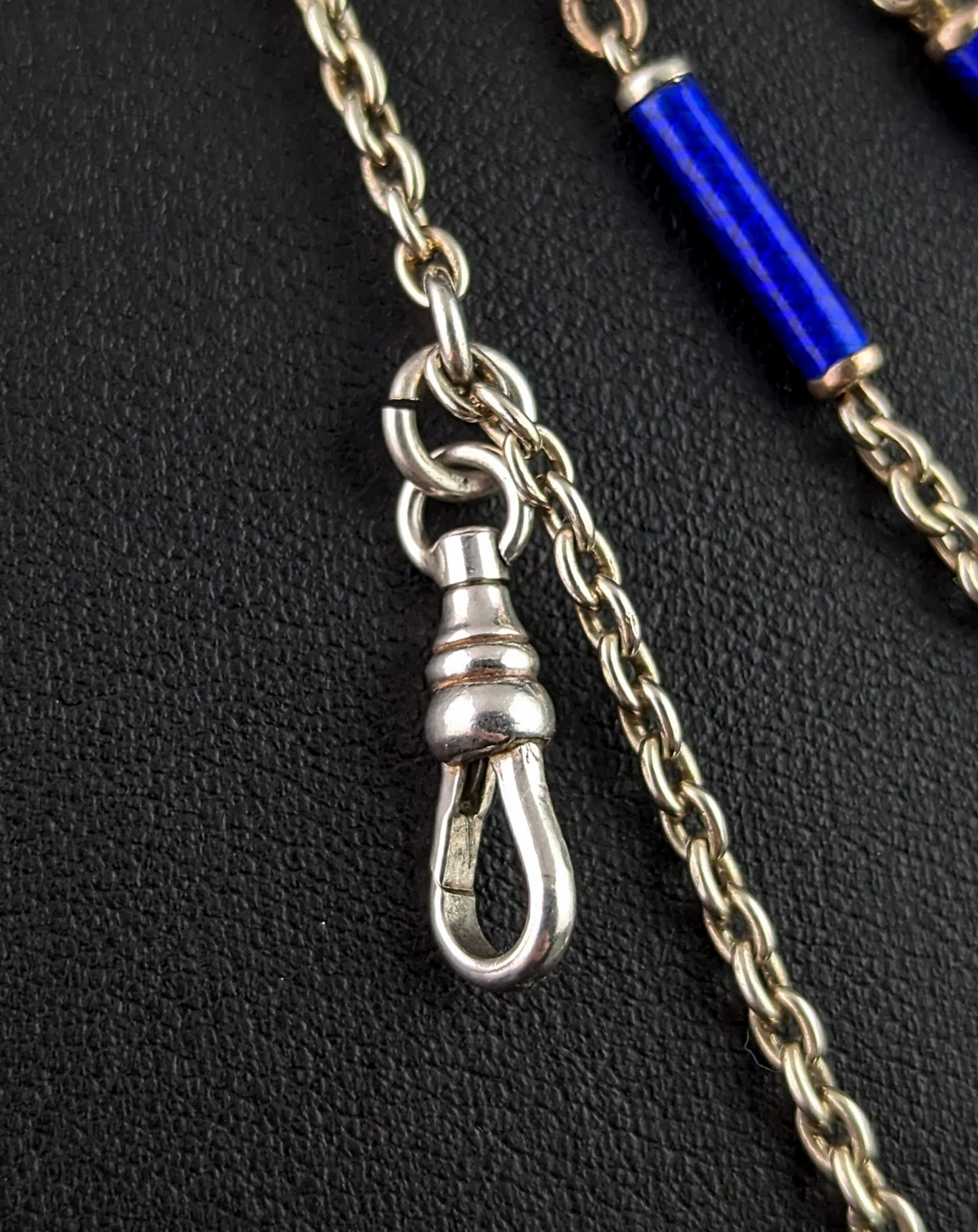 Antique silver long chain necklace, longuard chain, Blue enamel