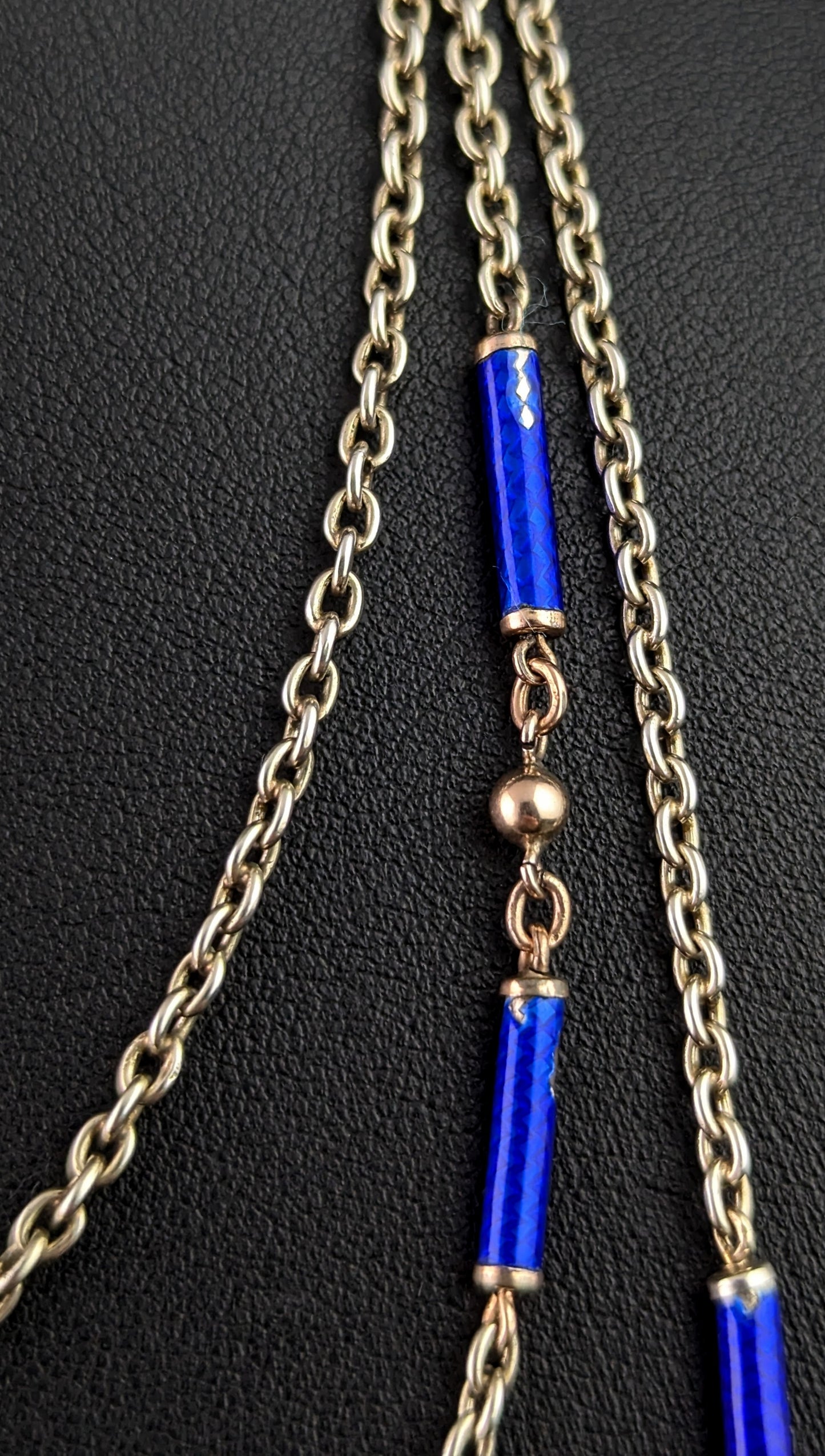 Antique silver long chain necklace, longuard chain, Blue enamel