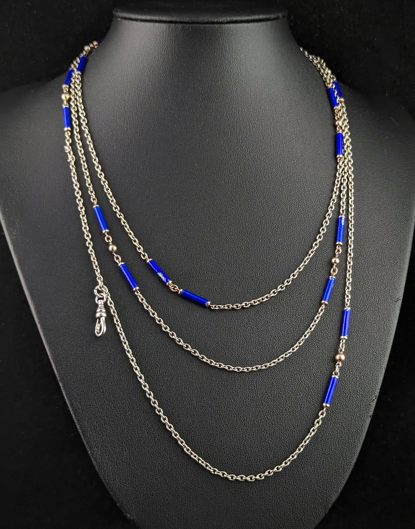 Antique silver long chain necklace, longuard chain, Blue enamel