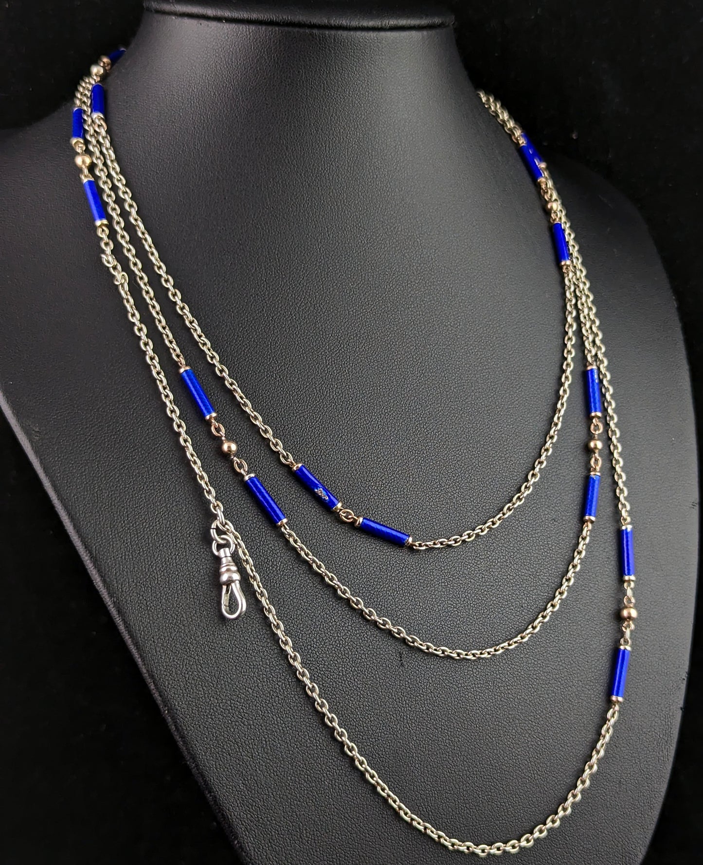 Antique silver long chain necklace, longuard chain, Blue enamel