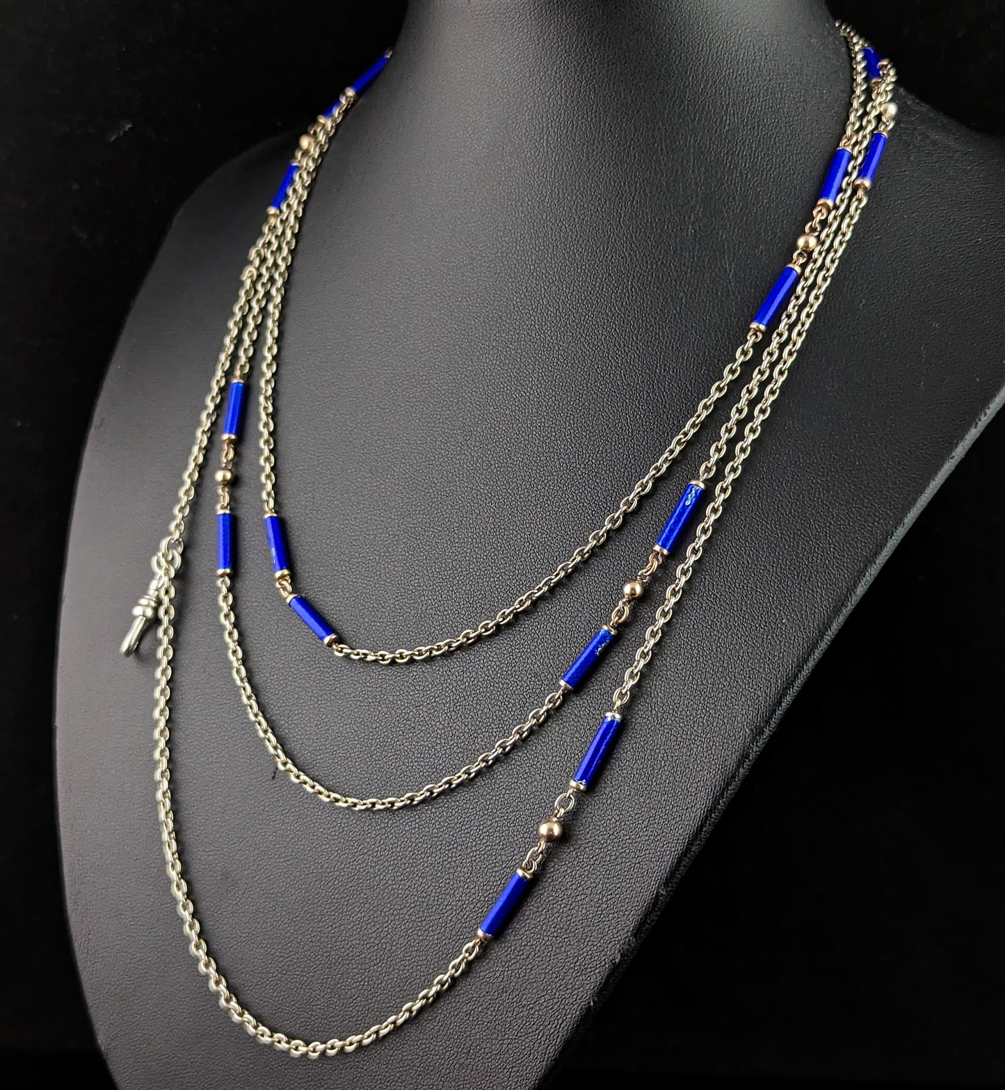 Antique silver long chain necklace, longuard chain, Blue enamel