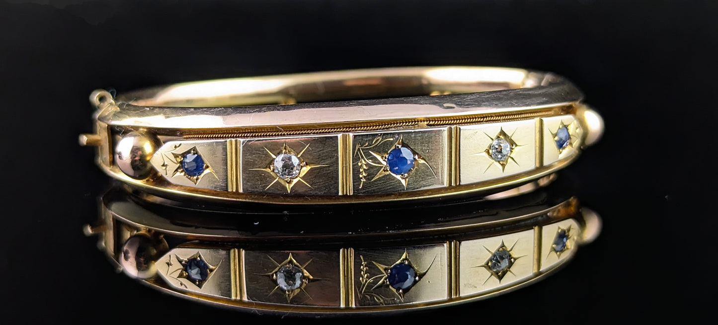 Antique Sapphire and Diamond bangle, Gypsy set, 9ct yellow gold