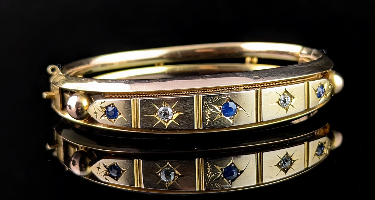 Antique Sapphire and Diamond bangle, Gypsy set, 9ct yellow gold