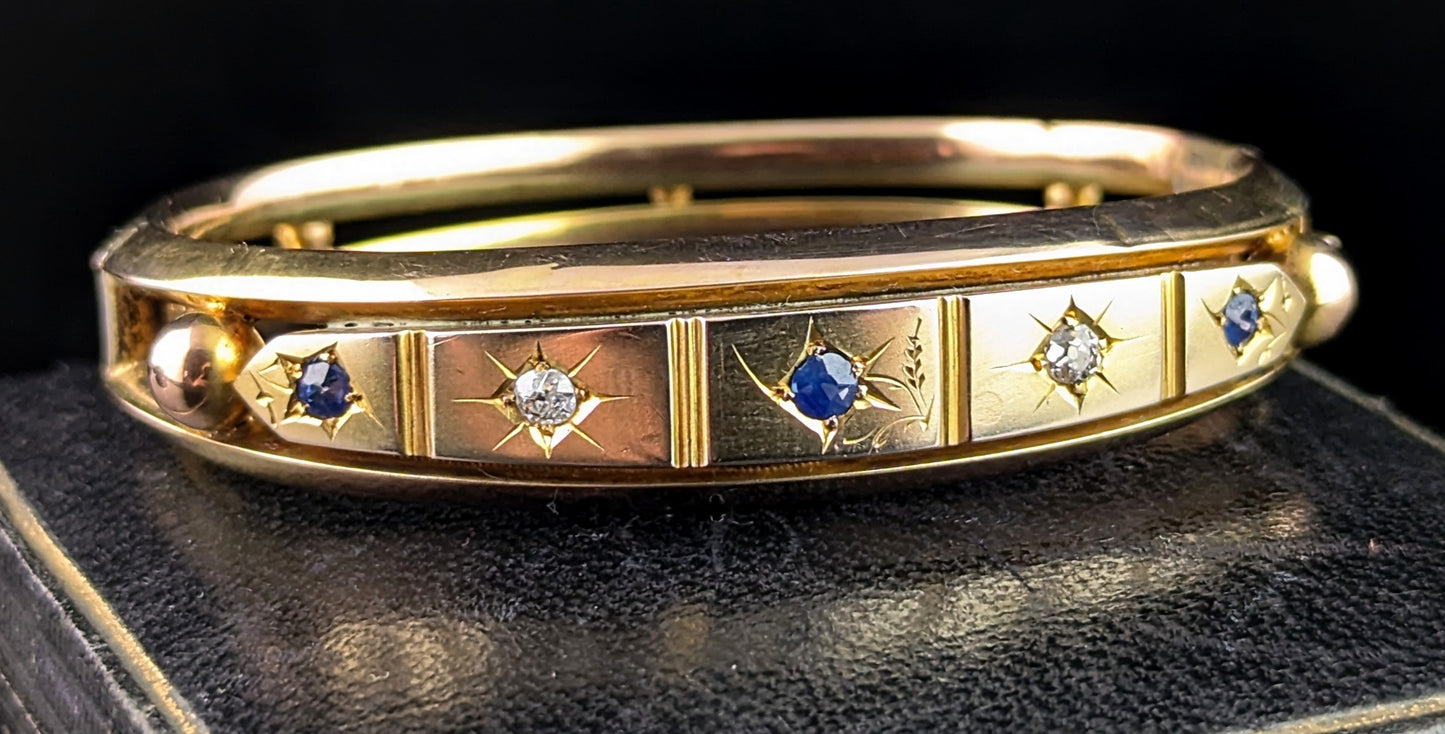 Antique Sapphire and Diamond bangle, Gypsy set, 9ct yellow gold