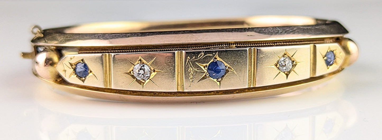 Antique Sapphire and Diamond bangle, Gypsy set, 9ct yellow gold