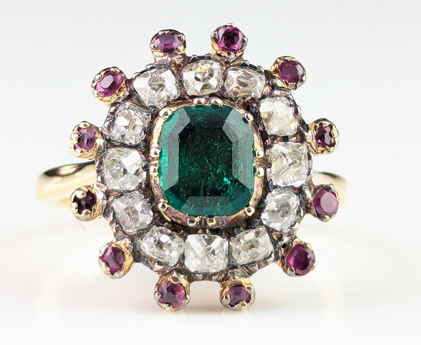 Antique Georgian Emerald, Diamond and Ruby cluster ring, 18ct yellow gold