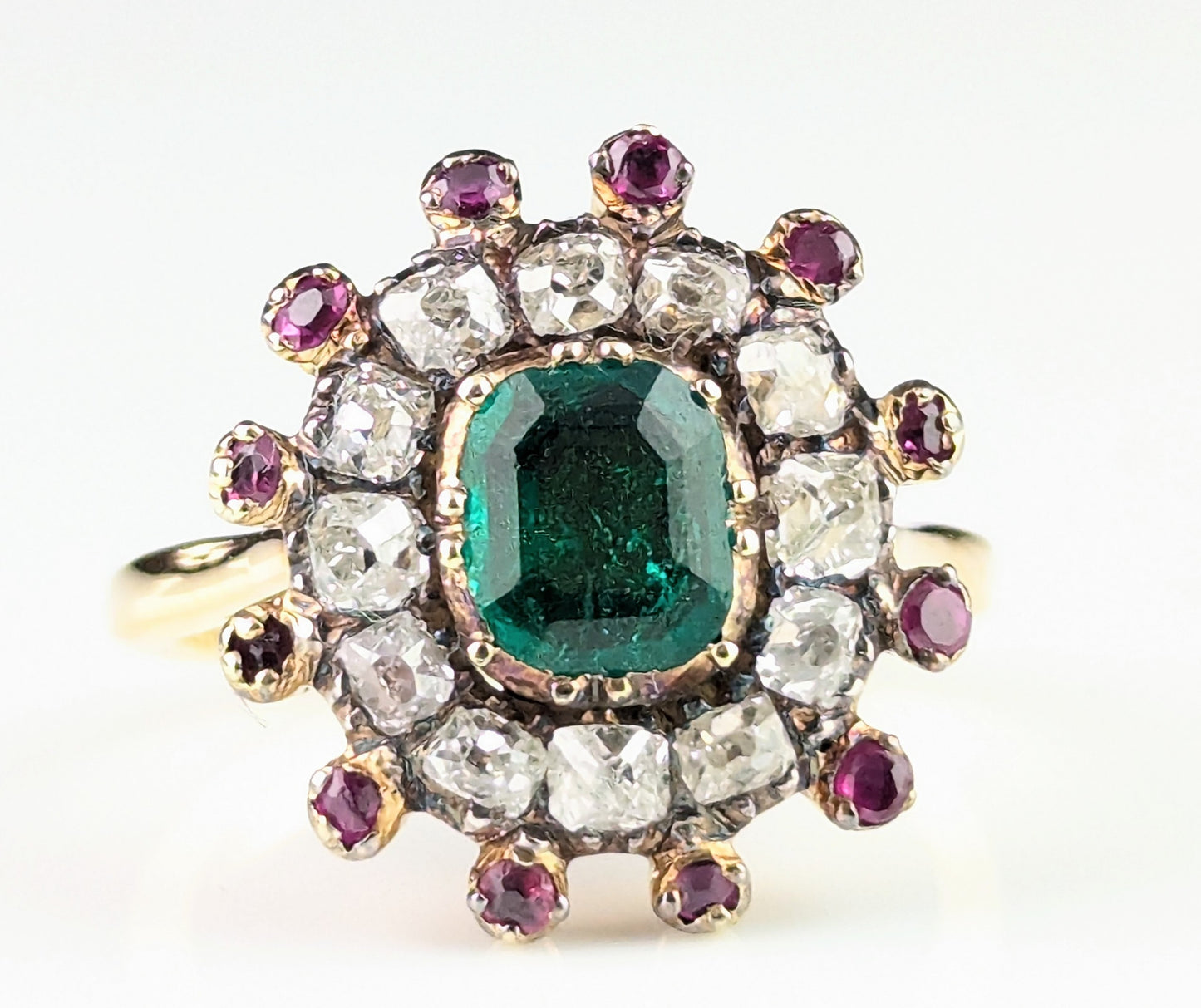 Antique Georgian Emerald, Diamond and Ruby cluster ring, 18ct yellow gold