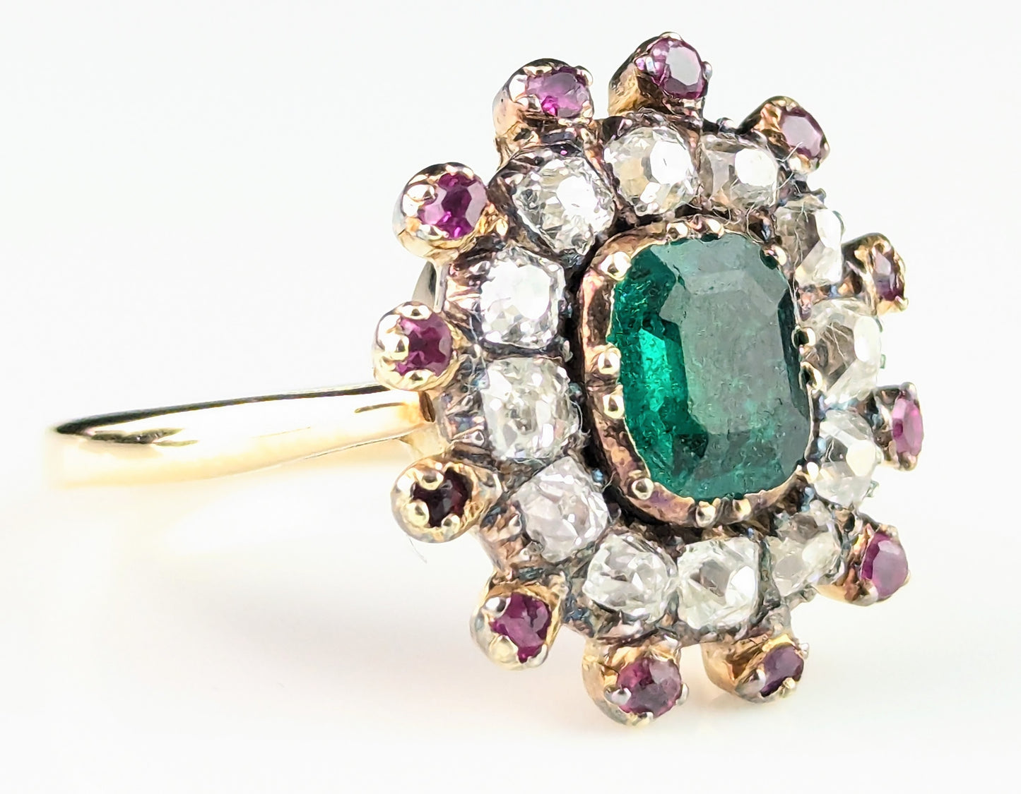 Antique Georgian Emerald, Diamond and Ruby cluster ring, 18ct yellow gold