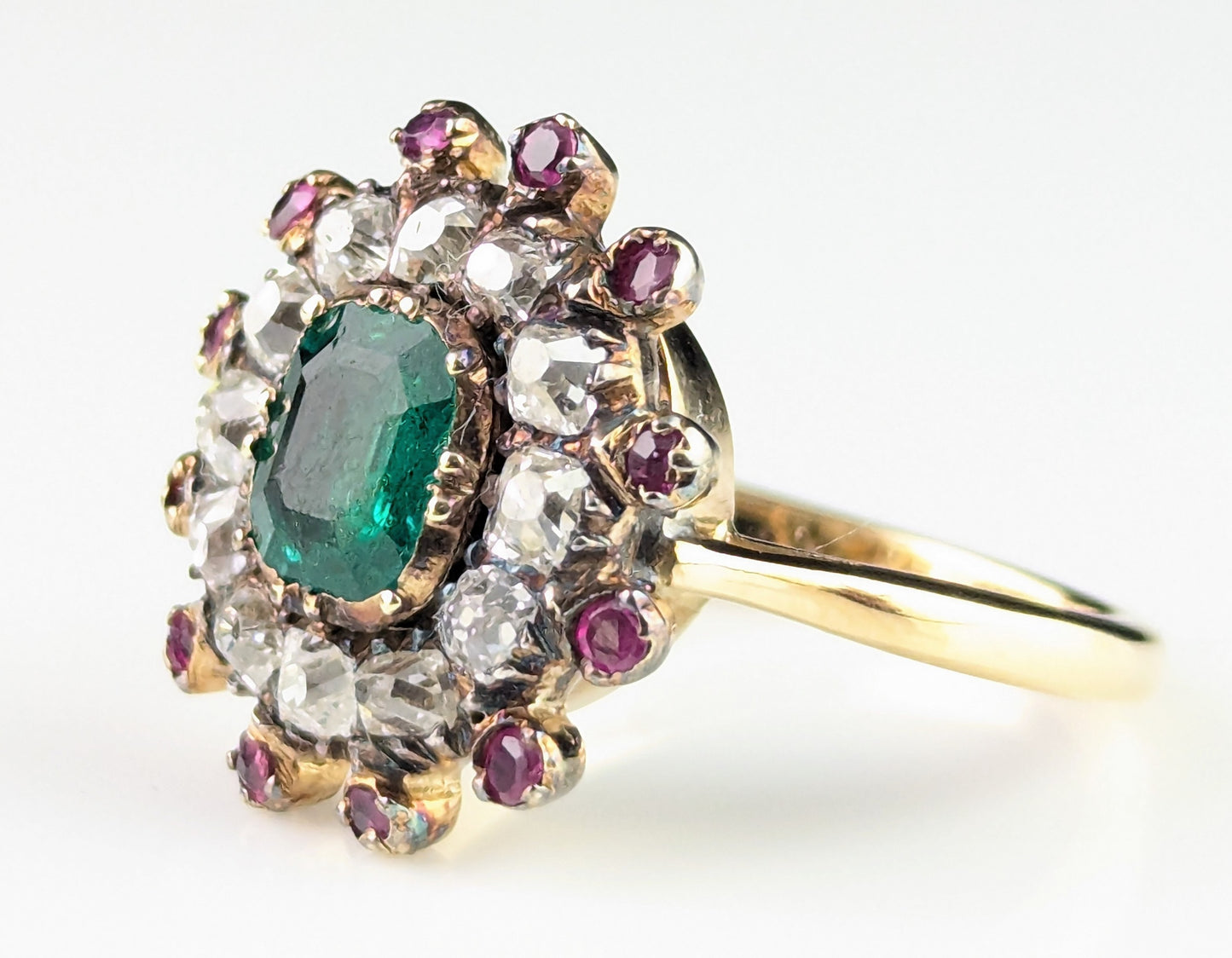 Antique Georgian Emerald, Diamond and Ruby cluster ring, 18ct yellow gold