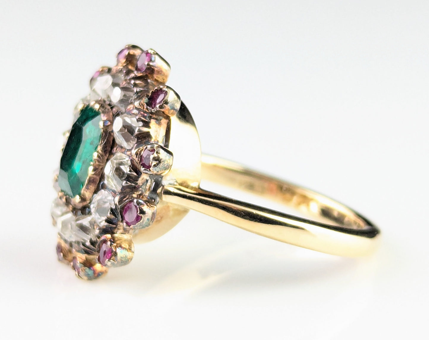 Antique Georgian Emerald, Diamond and Ruby cluster ring, 18ct yellow gold