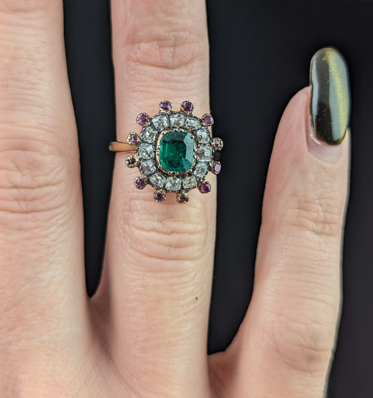 Antique Georgian Emerald, Diamond and Ruby cluster ring, 18ct yellow gold