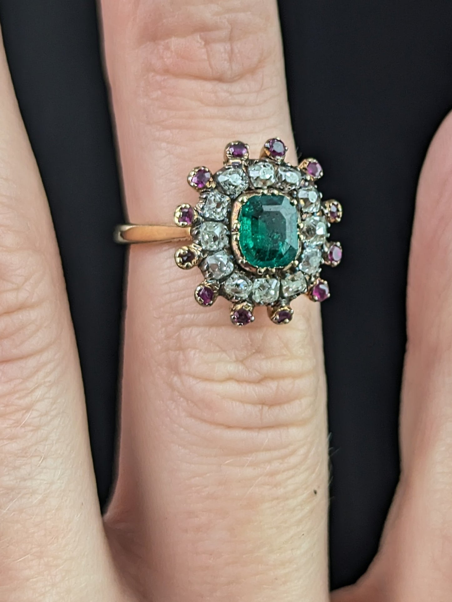 Antique Georgian Emerald, Diamond and Ruby cluster ring, 18ct yellow gold