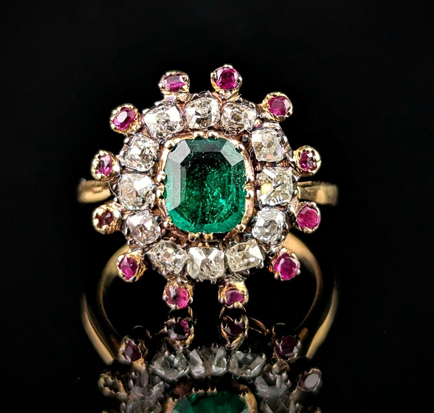 Antique Georgian Emerald, Diamond and Ruby cluster ring, 18ct yellow gold