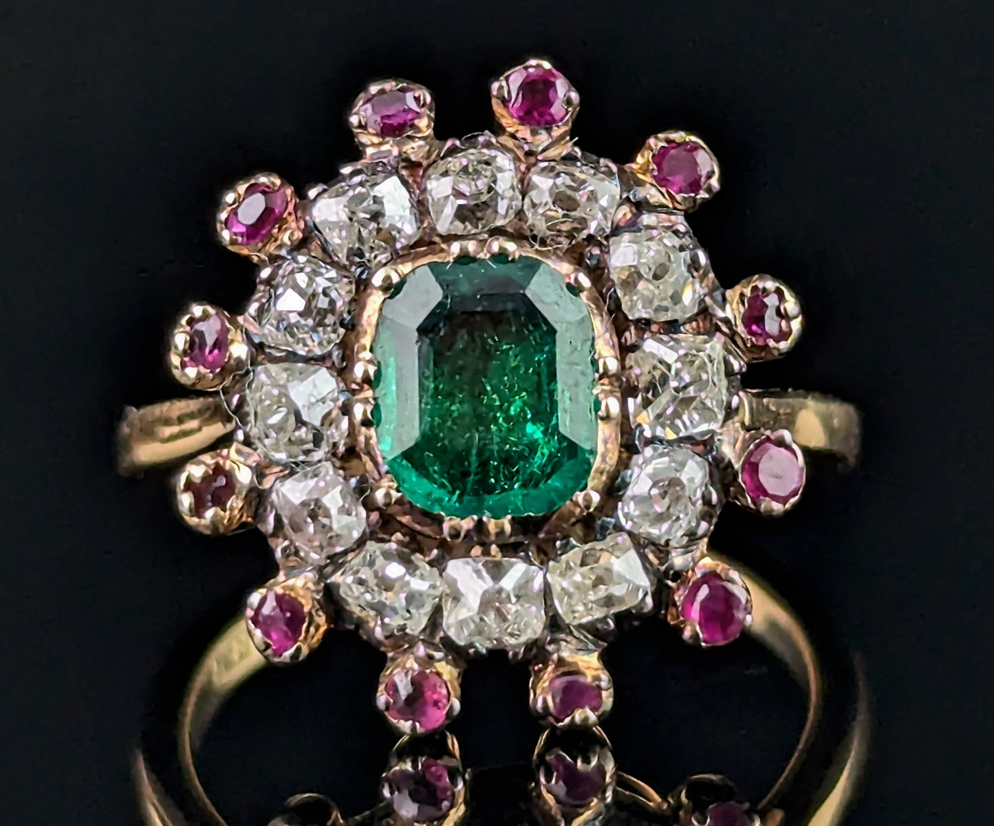 Antique Georgian Emerald, Diamond and Ruby cluster ring, 18ct yellow gold