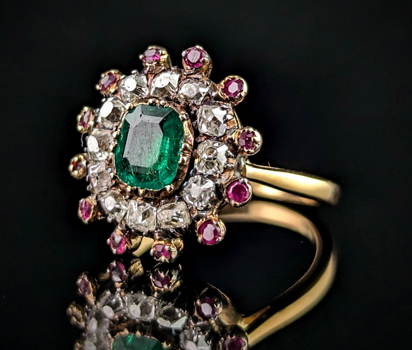 Antique Georgian Emerald, Diamond and Ruby cluster ring, 18ct yellow gold