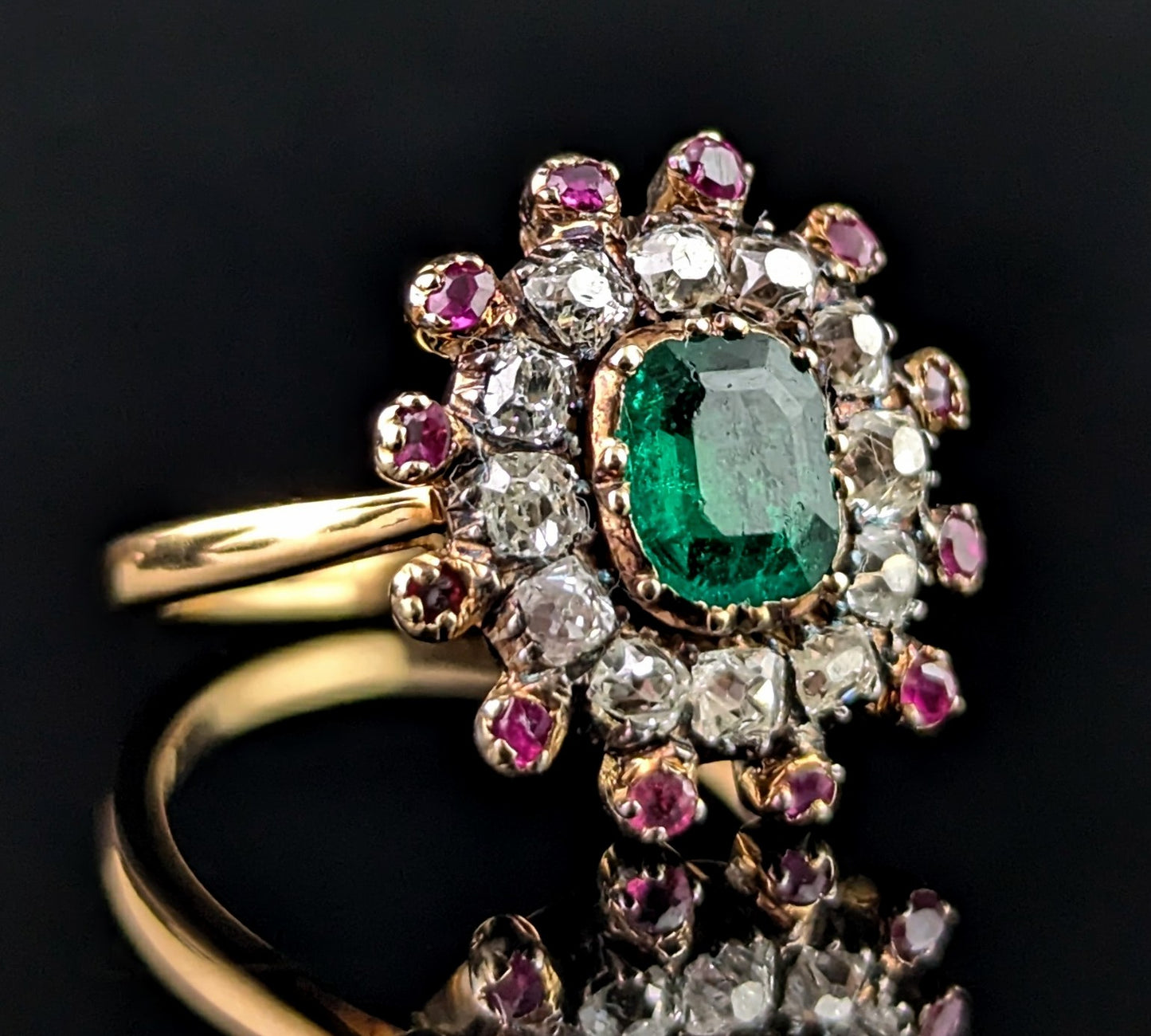 Antique Georgian Emerald, Diamond and Ruby cluster ring, 18ct yellow gold