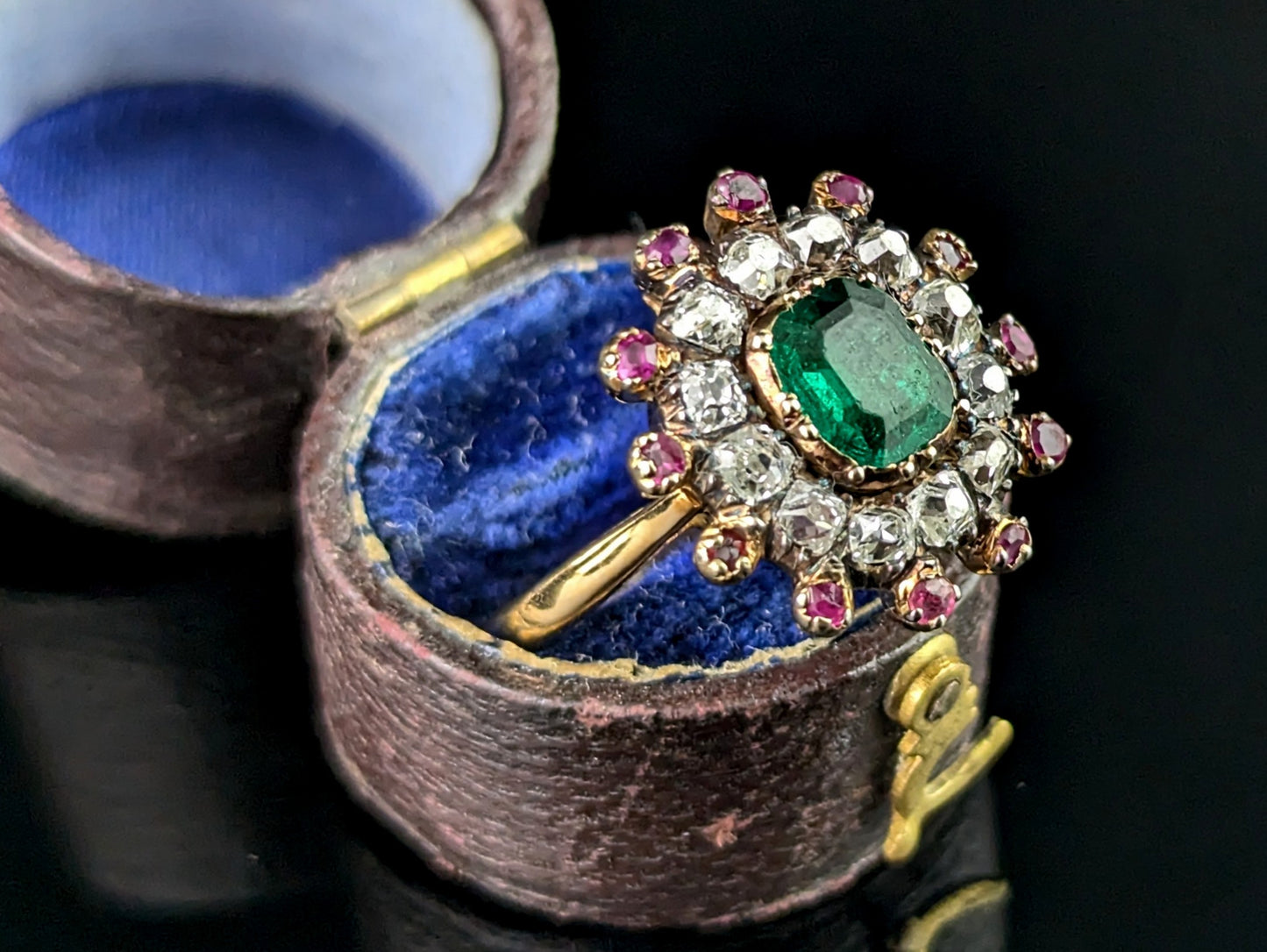 Antique Georgian Emerald, Diamond and Ruby cluster ring, 18ct yellow gold