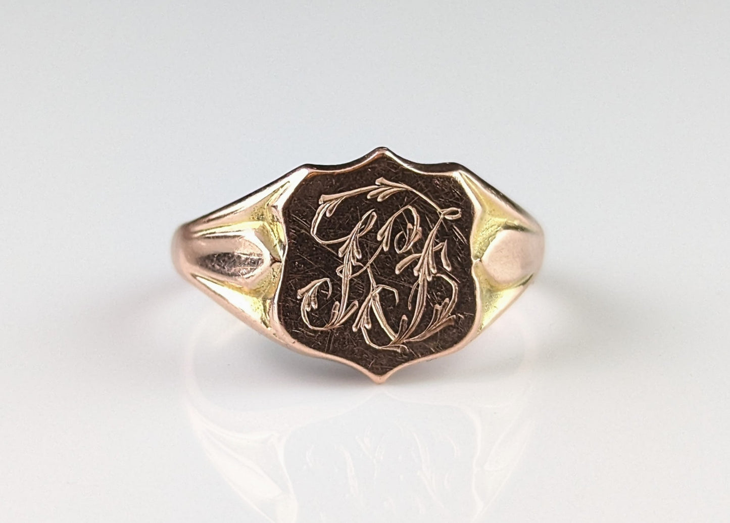 Antique 9ct rose gold signet ring, Shield shaped, Monogrammed