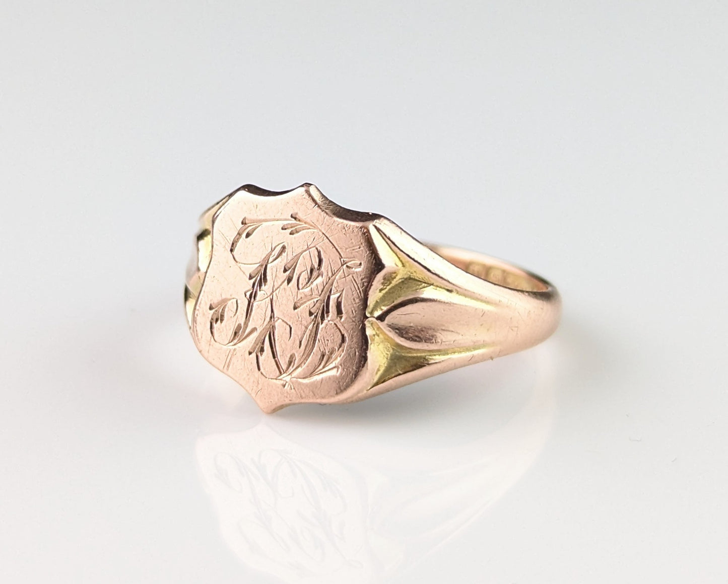 Antique 9ct rose gold signet ring, Shield shaped, Monogrammed