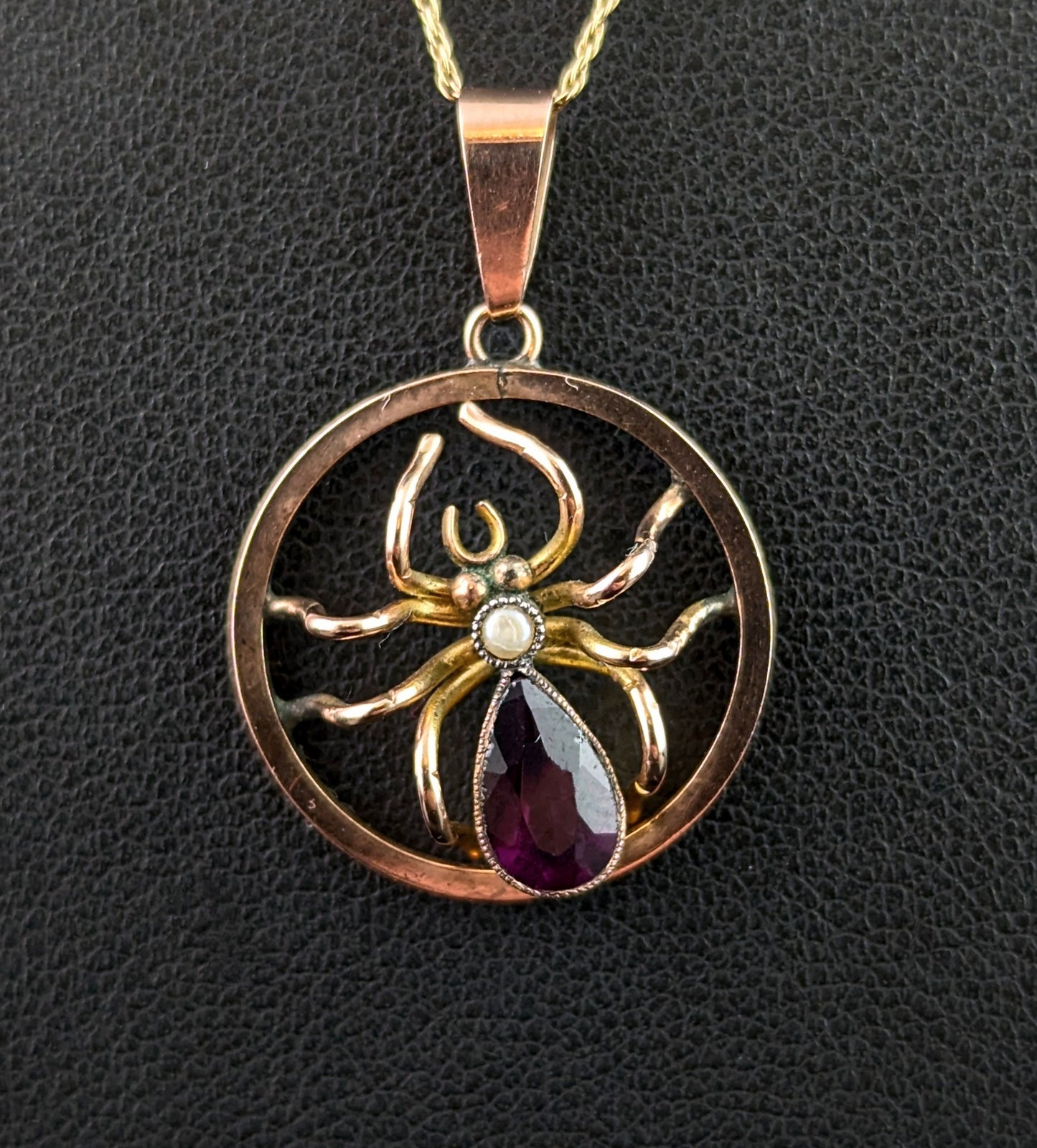 Antique Spider pendant necklace, Amethyst and Pearl, 9ct gold