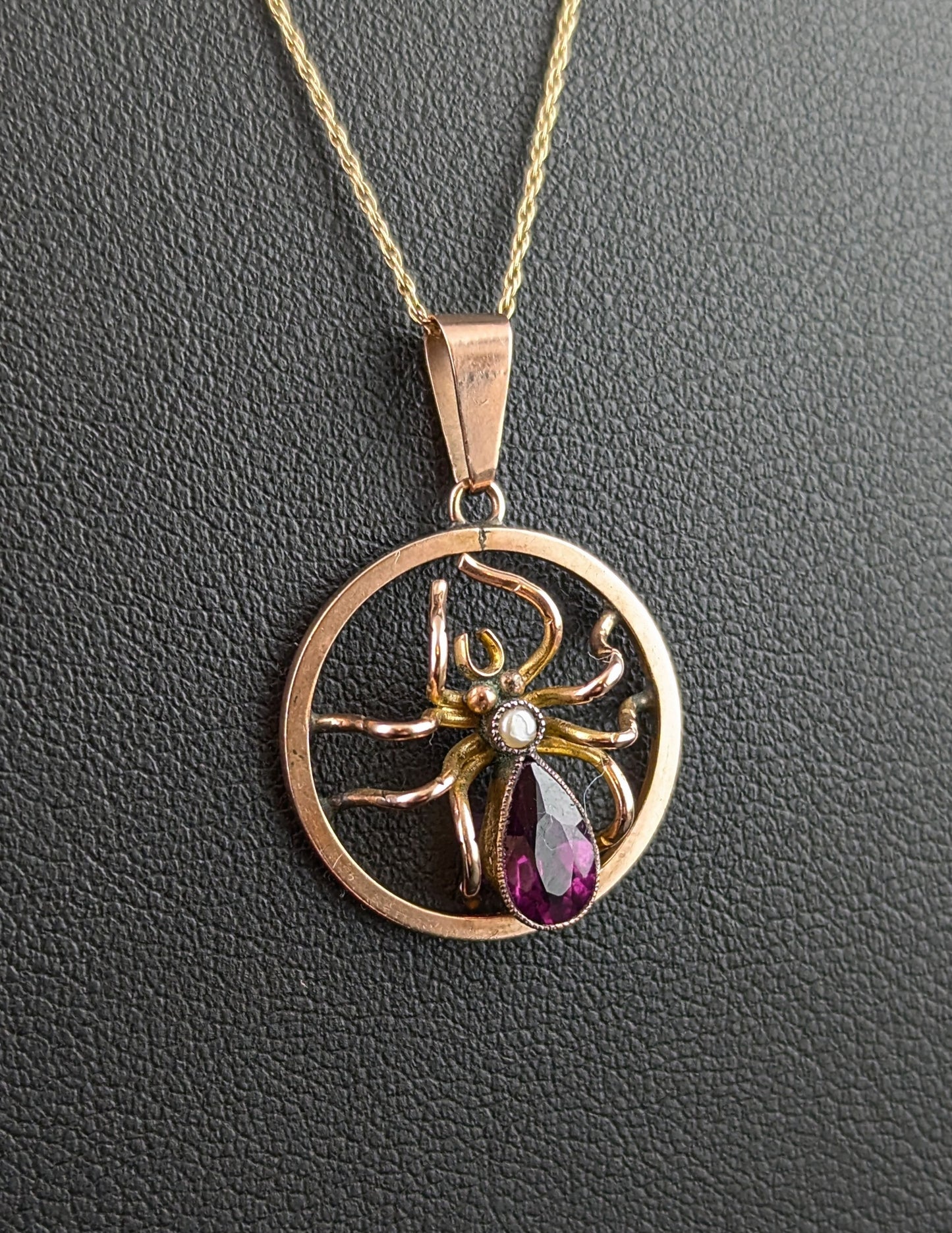 Antique Spider pendant necklace, Amethyst and Pearl, 9ct gold