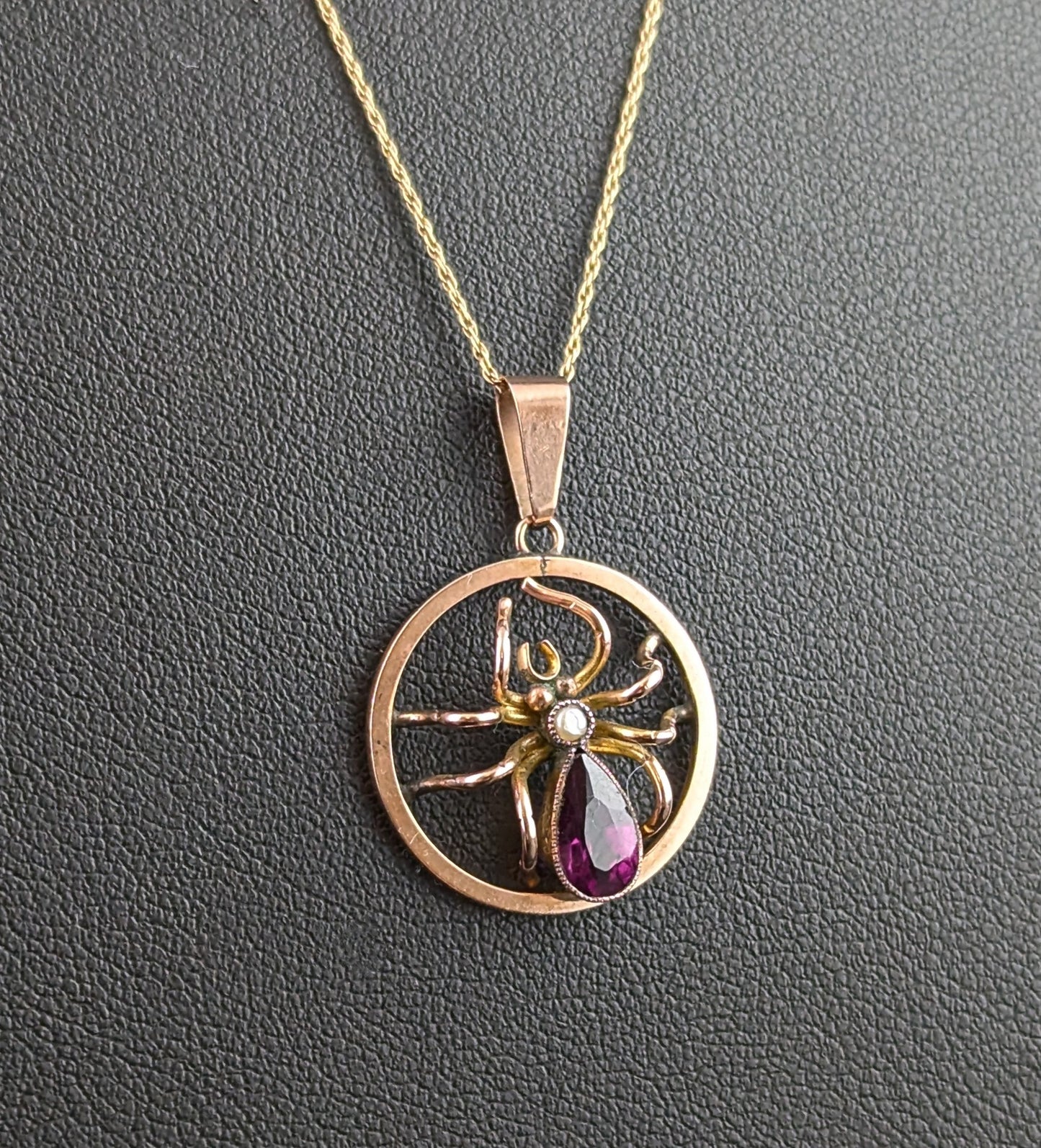 Antique Spider pendant necklace, Amethyst and Pearl, 9ct gold