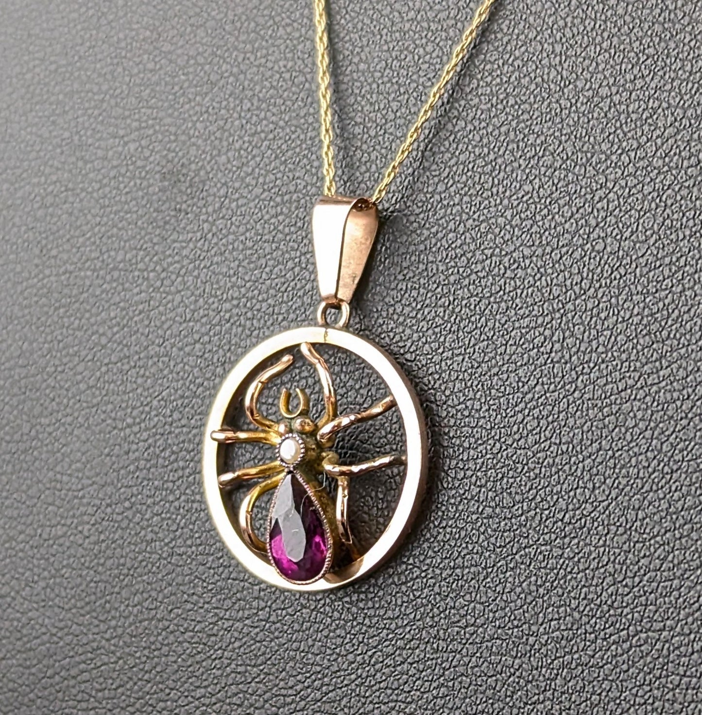 Antique Spider pendant necklace, Amethyst and Pearl, 9ct gold