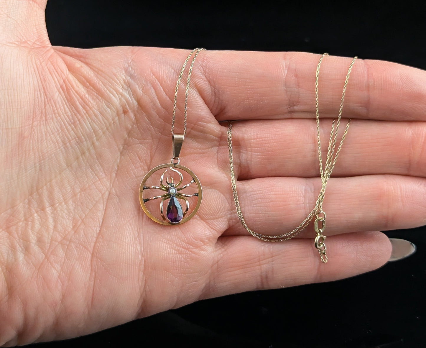 Antique Spider pendant necklace, Amethyst and Pearl, 9ct gold