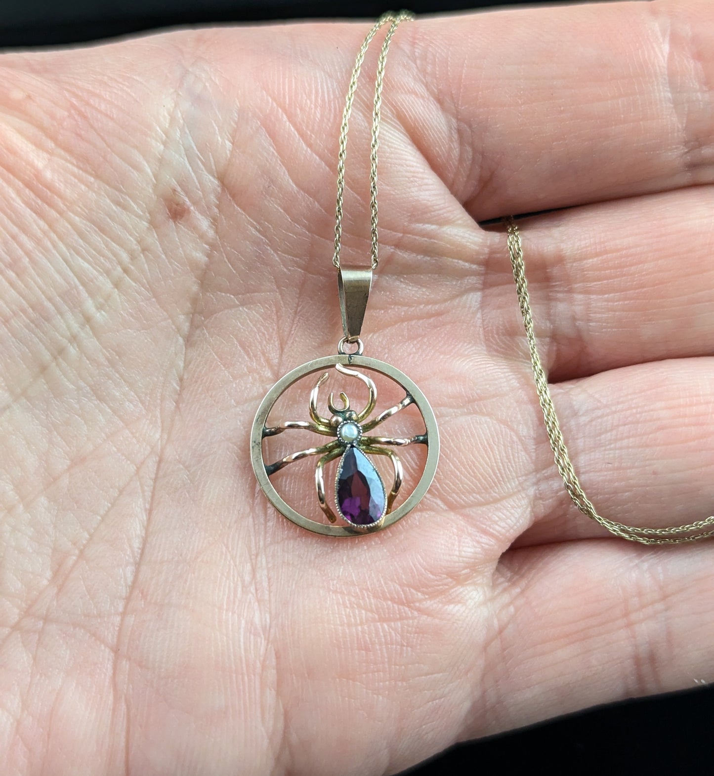 Antique Spider pendant necklace, Amethyst and Pearl, 9ct gold