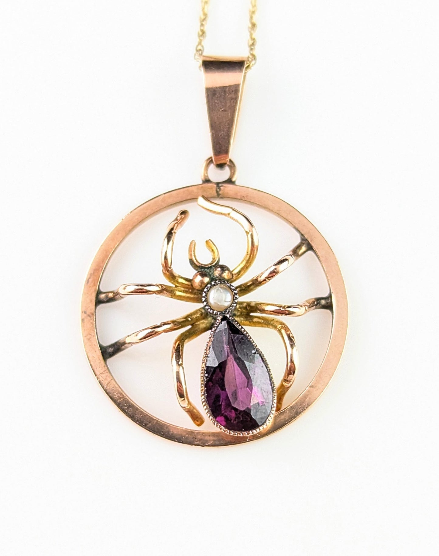 Antique Spider pendant necklace, Amethyst and Pearl, 9ct gold