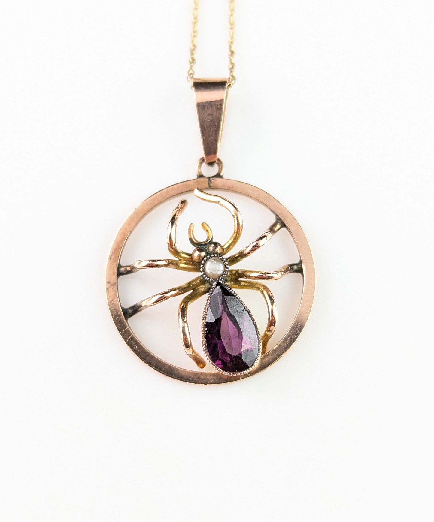 Antique Spider pendant necklace, Amethyst and Pearl, 9ct gold