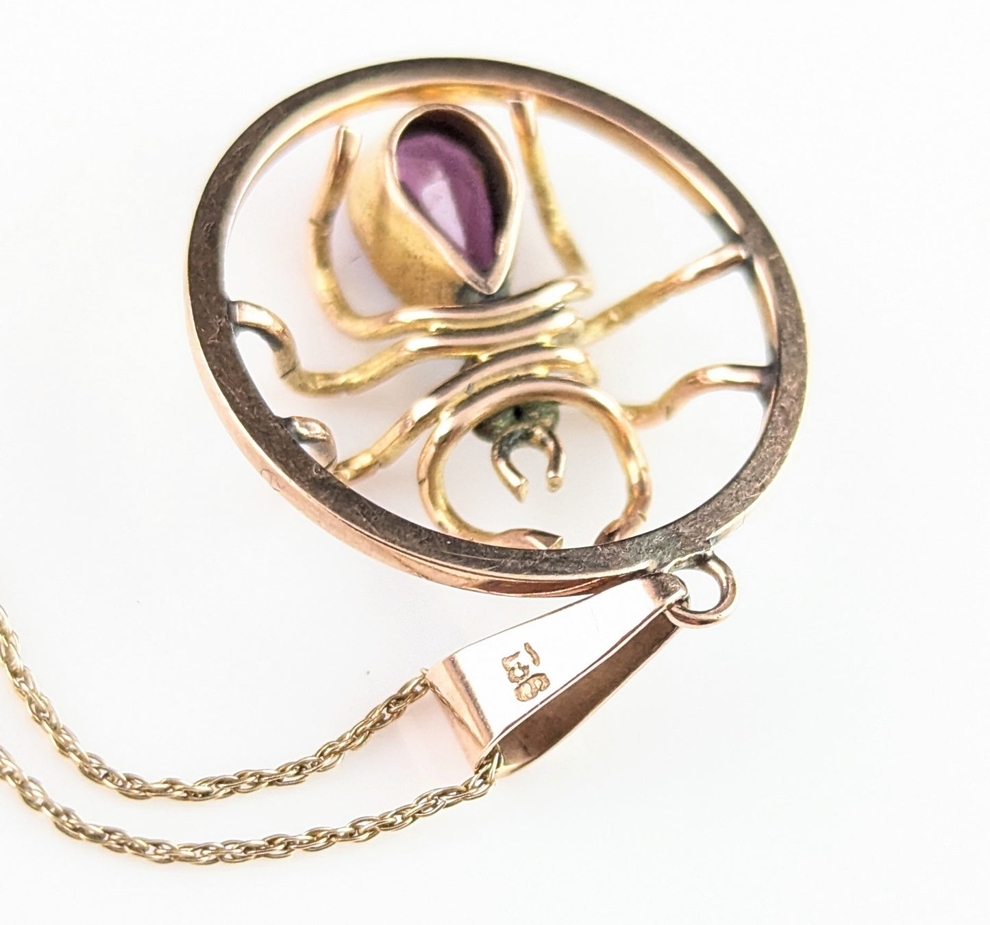 Antique Spider pendant necklace, Amethyst and Pearl, 9ct gold