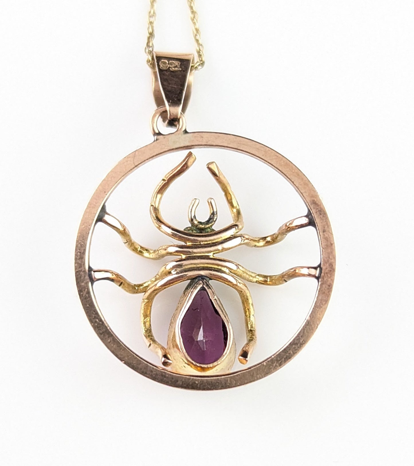 Antique Spider pendant necklace, Amethyst and Pearl, 9ct gold