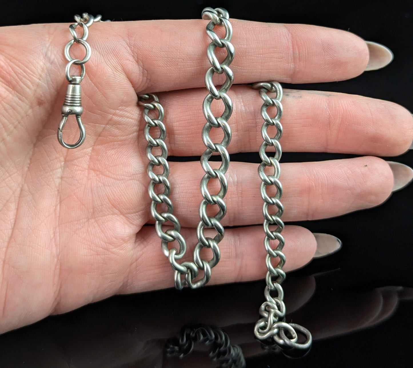 Antique Sterling silver Albert chain, watch chain, Open curb link