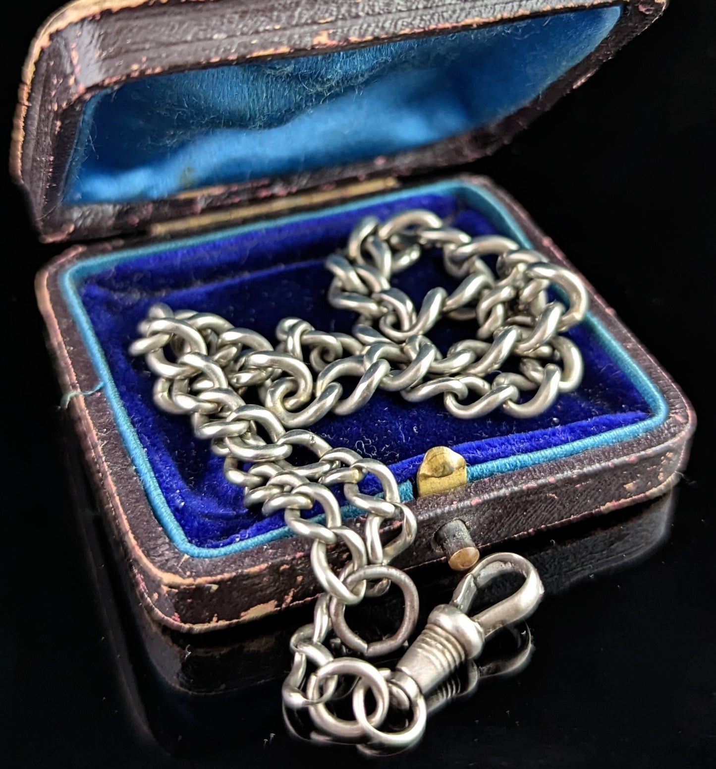 Antique Sterling silver Albert chain, watch chain, Open curb link