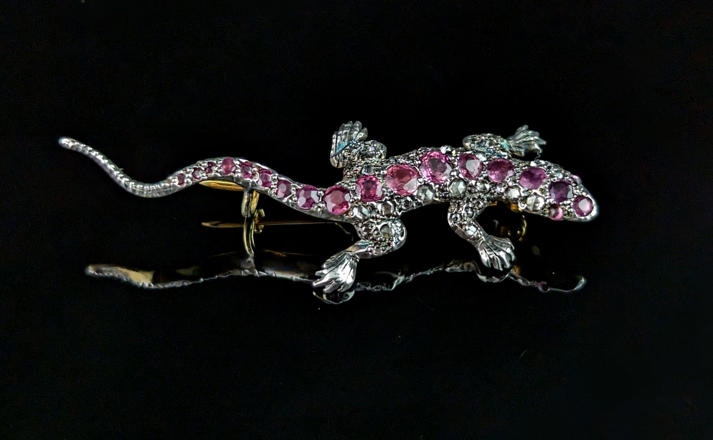 Antique Diamond and Pink sapphire lizard brooch, 9ct gold and Silver