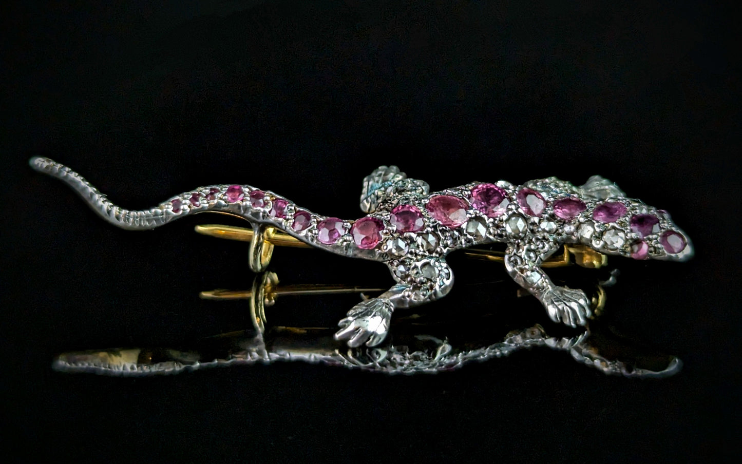 Antique Diamond and Pink sapphire lizard brooch, 9ct gold and Silver