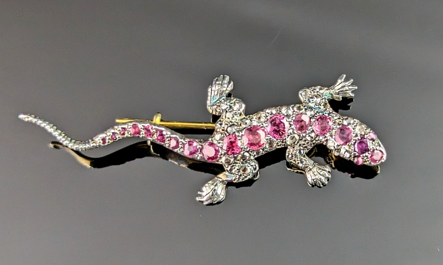 Antique Diamond and Pink sapphire lizard brooch, 9ct gold and Silver