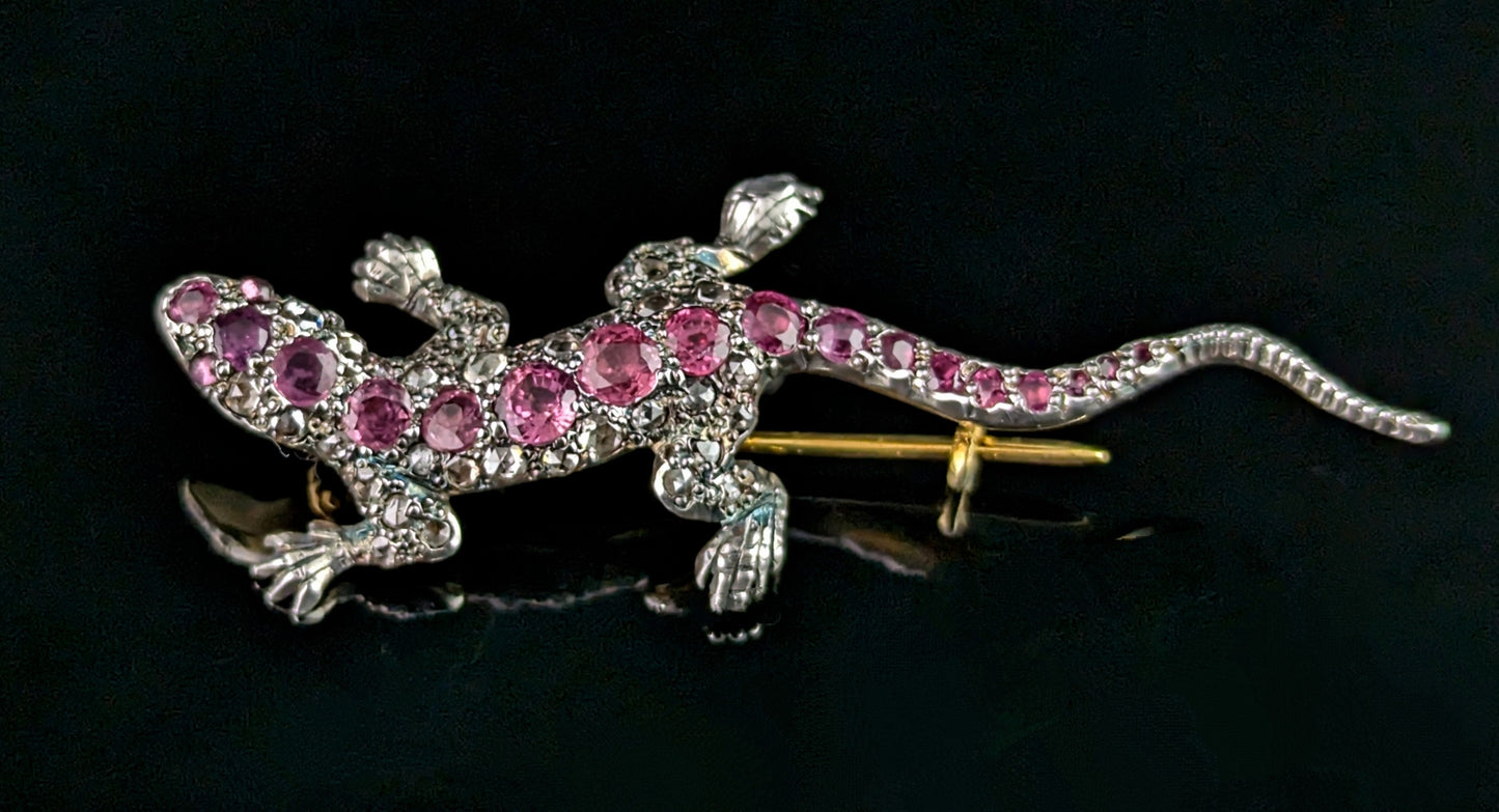 Antique Diamond and Pink sapphire lizard brooch, 9ct gold and Silver