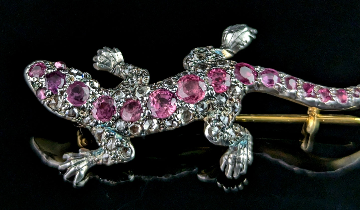 Antique Diamond and Pink sapphire lizard brooch, 9ct gold and Silver