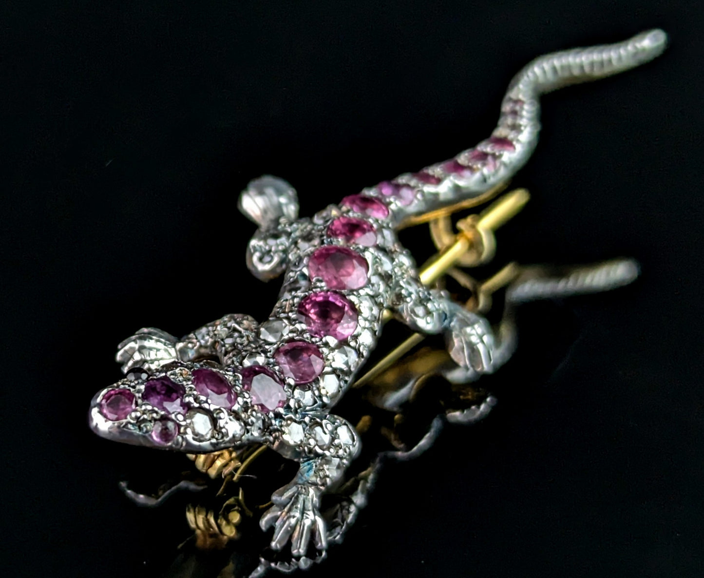 Antique Diamond and Pink sapphire lizard brooch, 9ct gold and Silver