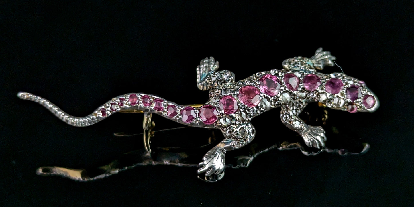 Antique Diamond and Pink sapphire lizard brooch, 9ct gold and Silver