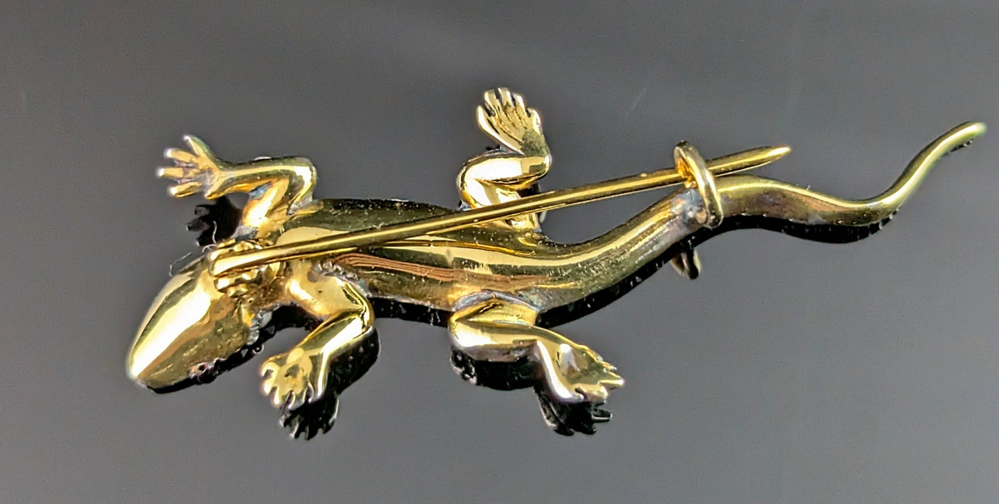 Antique Diamond and Pink sapphire lizard brooch, 9ct gold and Silver